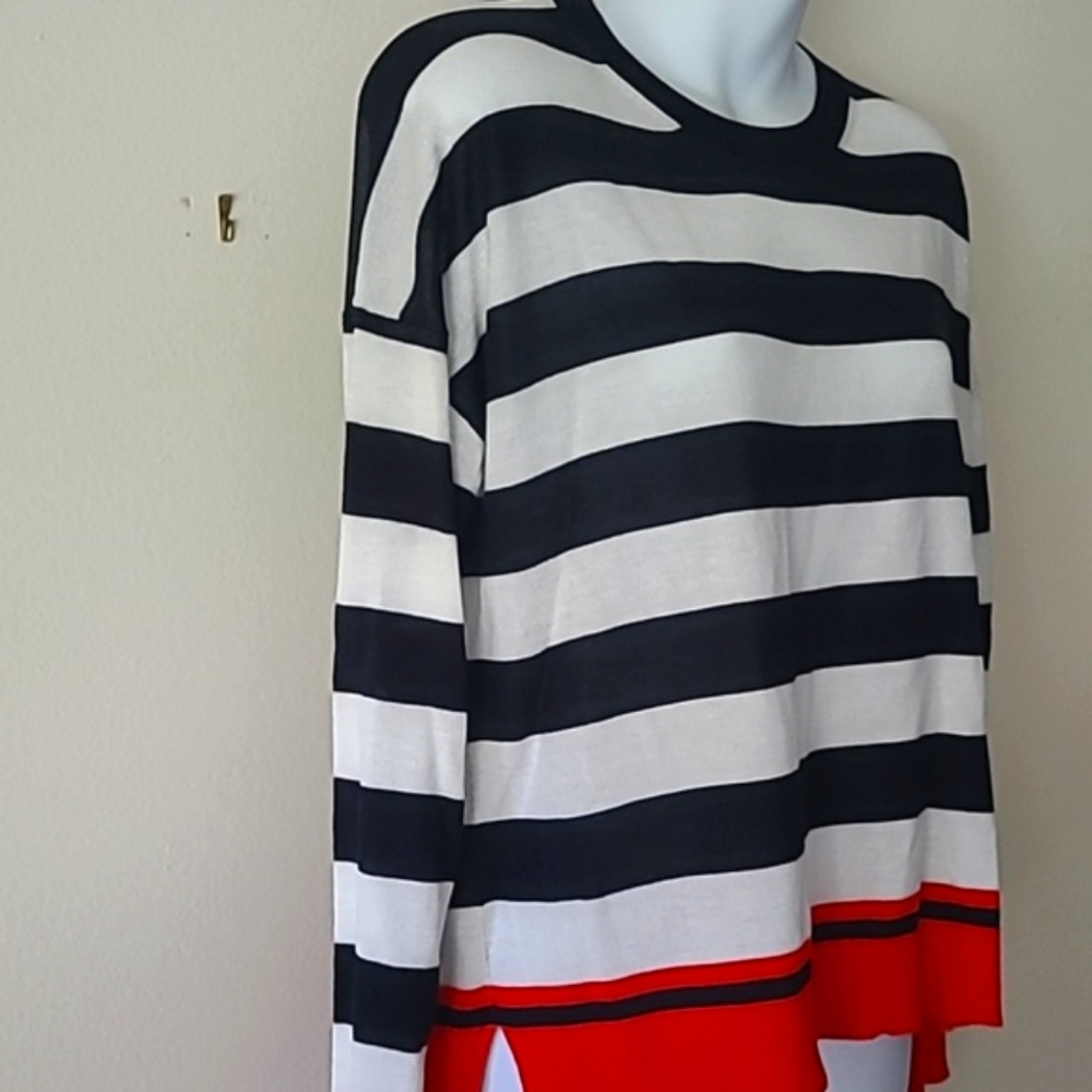 ZARA Striped Navy and White Knit Sweater with Red Accents - Picture 3 of 9